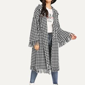 Black and White Houndstooth Fringe Coat